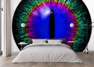 Green-blue alien, predator or cat, reptile eye with narrow pupil and rainbow circle around it Wall mural