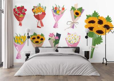 Flower bouquet vector set. Flower clipart. Bouquet of sunflower, rose, daisy, tulip. Gift, present for special days. Flat vector in cartoon style isolated on white background. Wall mural