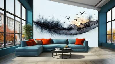 A black and white feather breaking apart into birds soaring toward the sky, intricate line work on the feather, with strong contrast between the detailed feather and minimalist bird shapes. Wall mural