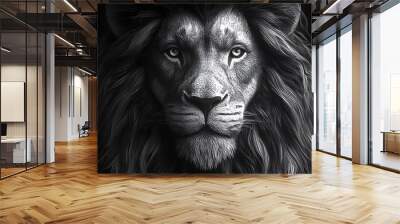 A black and white lion’s face composed of geometric shapes, symbolizing strength and leadership, sharp angles and intricate mane details, bold contrasts between light and dark.  --ar 16:9 --no logo Wall mural