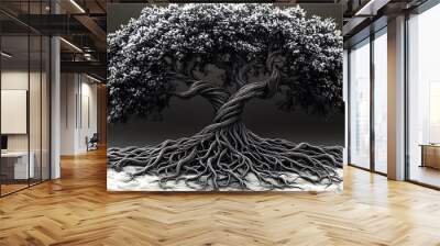 A black and white tree of life with detailed roots and branches intertwining, symbolizing growth and interconnectedness, intricate line work and strong contrast between dark and light. Wall mural