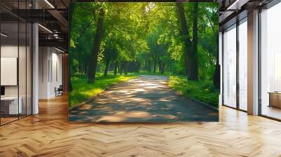 A bright and cheerful summer drive with lush green trees lining the path, dappled sunlight creating patterns on the road, the vibrant foliage adding to the lively atmosphere, natural look, hd quality. Wall mural