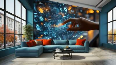 A close-up of a hand navigating a glowing holographic screen showing business insights, growth projections, and digital graphs, vibrant neon lights highlighting the sleek, Wall mural