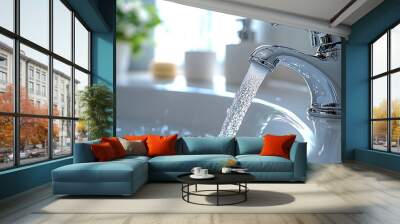 A close-up of water flowing through a water-saving aerator, the faucet in a modern bathroom sink, with bright reflections and soft natural light promoting eco-conscious household solutions. Wall mural