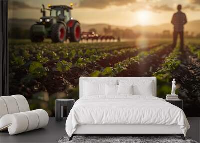 A detailed shot of a farmer standing next to a robotic tractor as it plants seeds in a large, open field. The scene highlights the collaboration between human expertise and robotic precision, Wall mural