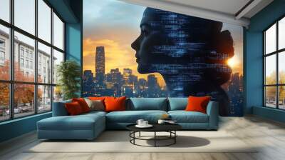 A double exposure of a multinational business team, overlaid with binary code in blue tones, representing the digital infrastructure supporting global corporate success, hd quality, Wall mural