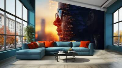 A double exposure of a multinational business team in a modern office, combined with swirling binary code patterns, symbolizing the rapid advancement of technology in global business, hd quality, Wall mural