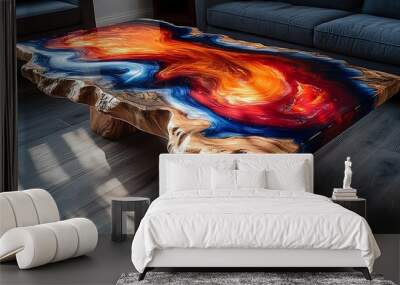 A handcrafted wooden table with a fire and ice epoxy resin design, vibrant red and orange resin swirling together with icy blue and white, the elements blending and contrasting, Wall mural