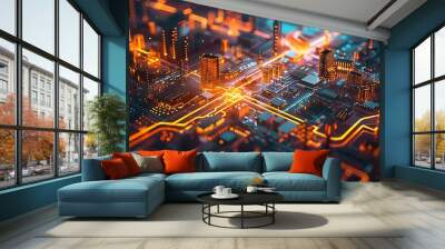 A smart city with interconnected systems managing traffic, energy, and security, depicted with glowing lines and nodes throughout the cityscape at night. Created Using: cybernetic urban design, Wall mural