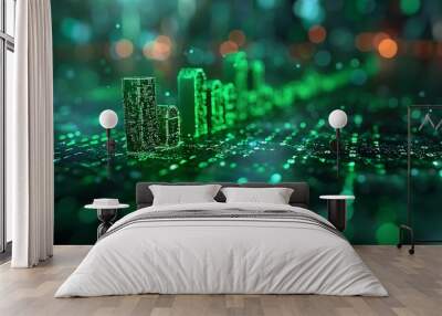 A stock market graph with a steep upward trend, green dollar signs floating above, with a digital grid and futuristic city skyline in the background, emphasizing financial growth and prosperity, Wall mural