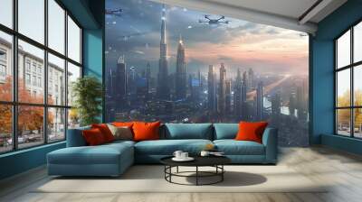 A wide-angle view of the city skyline in the 2040s, towering skyscrapers with sustainable architecture, drones flying above, smart city technology visible, vibrant and advanced urban setting, Wall mural