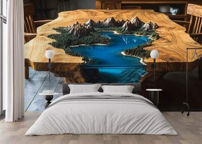 A wooden table featuring a mountain lake design, with vivid blue epoxy resin forming a calm lake in the center, surrounded by wood grain carved to resemble rugged mountains, Wall mural