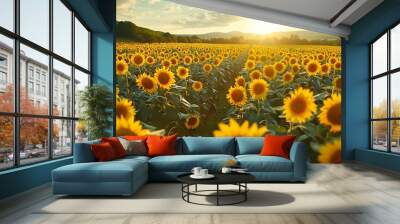 Aerial perspective of a sunflower field in full bloom, hundreds of sunflowers with bright yellow petals, late afternoon light creating long shadows, picturesque rural setting, hd quality, Wall mural