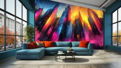 City dreamscape with abstract fluid shapes flowing through sharp futuristic lines, glowing neon colors casting a surreal light over the city, dreamlike mist and glowing skyscrapers, Wall mural