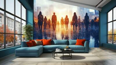 Diverse individuals converging at a central digital meeting point, with glowing lines of connection radiating outwards, set in a futuristic environment with a dark, vibrant background, cool tones, Wall mural