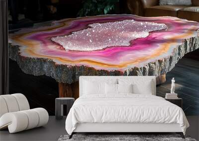 Geode-inspired wooden table with layers of pink and white epoxy resin, sparkling crystals embedded in the center, the resin forming natural geode patterns, blending smoothly with the wood texture, Wall mural