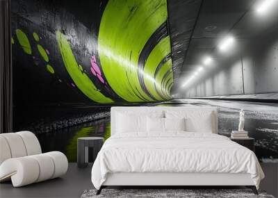 High-contrast graffiti in black and white with deep shadows, sharp angular forms illuminated by bright streetlights, neon green and pink color splashes adding vibrant contrast, Wall mural