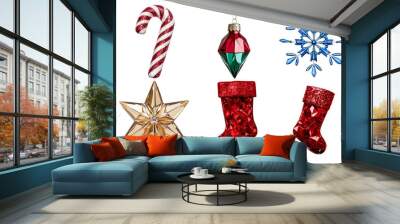 A collection of colorful, glittery Christmas-themed ornaments and decorations isolated on a transparent background, perfect for holiday celebrations Wall mural