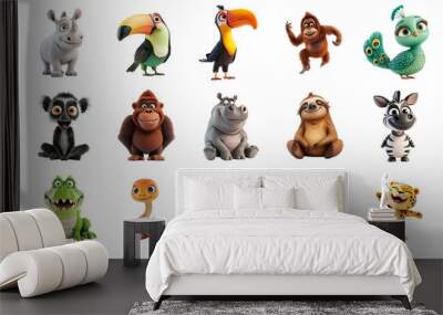 Assorted cartoon animal characters isolated on a transparent background, including a parrot, hippo, toucan, orangutan, and more, ideal for children's content and educational material Wall mural