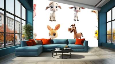 Collection of cute cartoon farm animals isolated on a transparent background, perfect for children's educational materials, storytelling, and festive decorations Wall mural