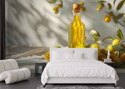 A bottle of marula oil set on a white background with marula fruits Wall mural