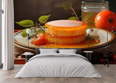 A persimmon slice placed on a decorative plate, with a few persimmon leaves nearby, and a drizzle of honey on top, in a luxurious setting. Wall mural