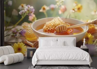 bowl of honey with a honey dipper, surrounded by fresh honeycomb and wildflowers on a wooden table, detailed dslr view, white background. Wall mural