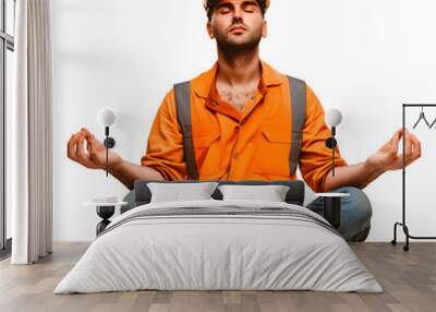 A construction worker in a hard hat meditating in a lotus position, isolated on a transparent background Wall mural