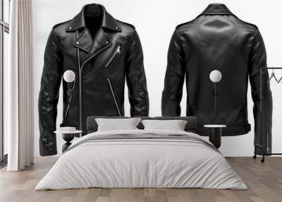 Front and back view of a midnight black leather jacket template. With zippers and a biker style, mockups for design and print, isolated on a white or transparent background. Wall mural