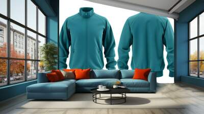 Front and back view of a teal track jacket template. With zip front and side pockets, mockups for design and print, isolated on a white or transparent background.  Wall mural