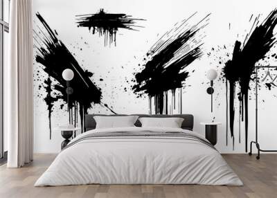 black ink Splatter, black paint, ink brush strokes, brushes, lines, grungy. Dirty artistic design elements, Black inked splatter dirt stain splattered spray splash with drops blots. Wall mural