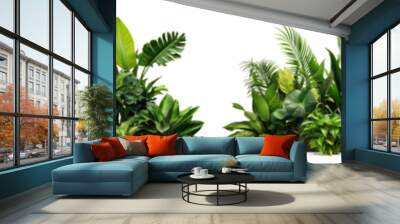 Collection of green leaves of tropical plants bush (Monstera, palm, rubber plant, pine, bird's nest fern). PNG, cutout, or clipping path. Wall mural