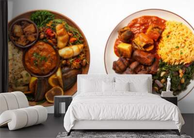 set of African meal with rice, beef , chicken ,sauce, vegetable in plate. decorated with fruits , top view from above angle , isolated on a transparent background. PNG cutout or clipping path.	
 Wall mural