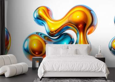 Set of glossy fluid designs in orange and blue, isolated on transparent background with clipping path cut-out Wall mural