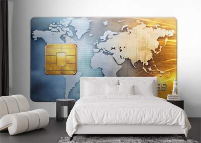 Credit card with world map design and chip isolated on transparent background Wall mural