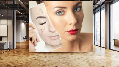 young woman face portrait with bright makeup and  photo of her old skin Wall mural