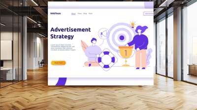 Vector advertisement and marketing strategy web page banner design template with big modern flat line people. Man and woman holding goblet and lifebuoy  illustration. Wall mural