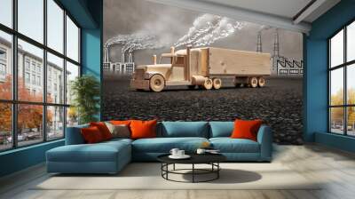 Handmade truck with natural wood set in an industrial city polluted with toxic fumes. Air pollution concept. Low-carbon transport concept. Wall mural