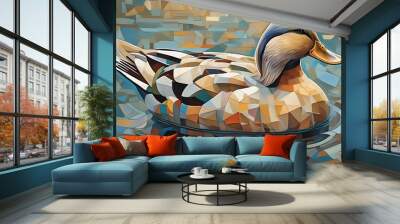 A closeup artwork of a duck floating on a pond surrounded by abstract shapes. Beautiful imagery and wall art for a nature blog, or decoration rural farmer's store or rustic house.
 Wall mural