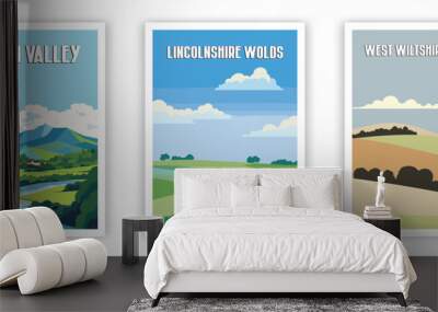 Lagan Valley, Lincolnshire Wolds, West Wiltshire Downs Illustration Art. Travel Poster Wall Art. Minimalist Vector art Wall mural