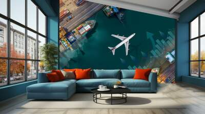 Aerial view and top view cargo plane flying above ship port in the export and import business and Smart logistics international goods. Shipping cargo to harbor by crane Wall mural