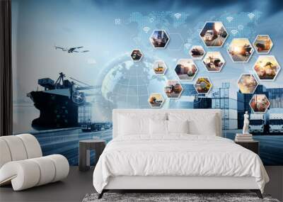 Business logistic import export and transport concept, Transportation and logistic network distribution growth, Global business of Container Cargo freight train for Business logistics concept Wall mural