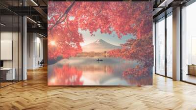 Colorful Autumn Season and Mountain Fuji with morning fog and red leaves at lake Kawaguchiko is one of the best places in Japan Wall mural