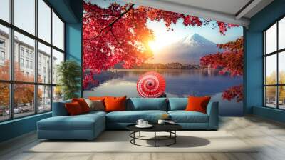 Colorful Autumn Season and Mountain Fuji with morning fog and red leaves at lake Kawaguchiko is one of the best places in Japan Wall mural