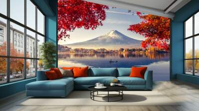 Colorful Autumn Season and Mountain Fuji with morning fog and red leaves at lake Kawaguchiko is one of the best places in Japan Wall mural