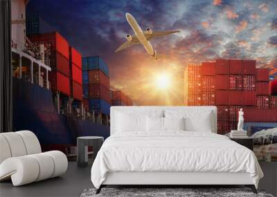 Container ship in import export and business logistic. Trade Port. Shipping, cargo to harbor and Cargo plane with working crane bridge in shipyard at sunrise, logistic import export and transport indu Wall mural