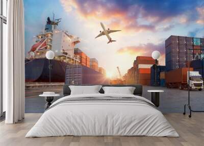 container truck in ship port for business logistics and transportation of container cargo ship and c Wall mural