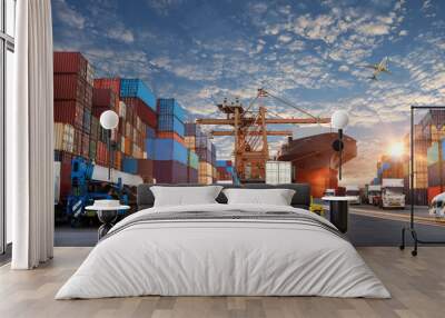 Container truck in ship port for business Logistics and transportation of Container Cargo ship and Cargo plane with working crane bridge in shipyard, logistic import export and transport  Wall mural