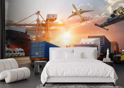 Container truck in ship port for business Logistics and transportation of Container Cargo ship and Cargo plane with working crane bridge in shipyard at sunrise, logistic import export and transport  Wall mural