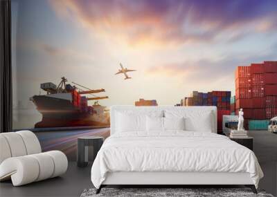 Container truck in ship port for business Logistics and transportation of Container Cargo ship and Cargo plane with working crane bridge in shipyard at sunrise, logistic import export and transport Wall mural